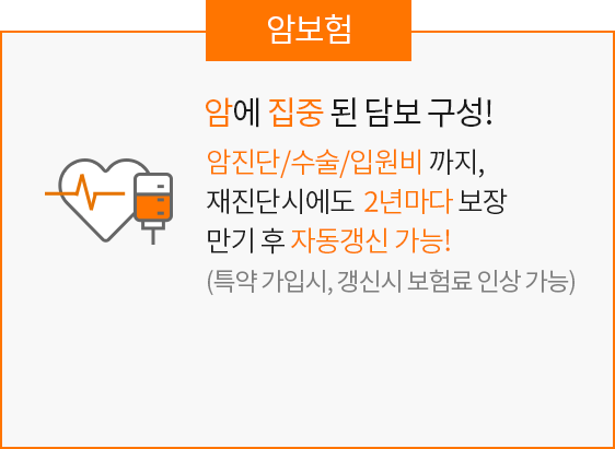 현대해상다이렉트 암보험. 암에 집중된 담보 구성! 암진단/수술/입원비 까지, 재진단시에도 2년마다 보장 만기 후 자동갱신 가능!(특약 가입시, 갱신시 보험료 인상 가능)