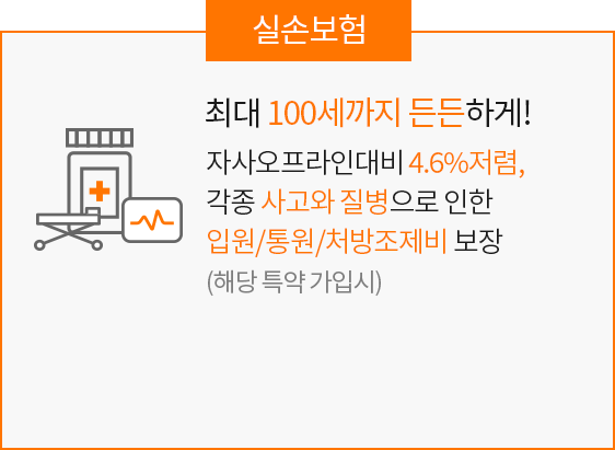 현대해상다이렉트 실손보험. 최대 100세까지 든든하게! 자사오프라인대비 4.6%저렴, 각종 사고와 질병으로 인한 입원/통원/처방조제비 보장(해당 특약 가입시)